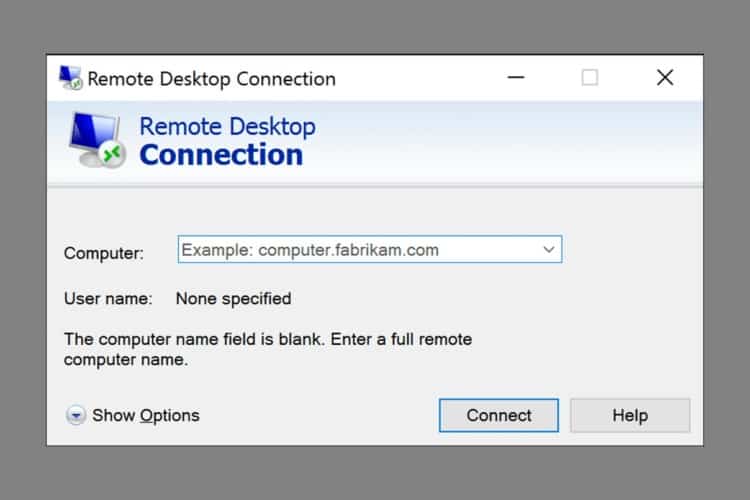 Remote Desktop Connection dialogue box