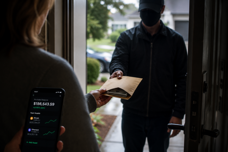 Person handing cash to a courier during a cryptocurrency investment scam